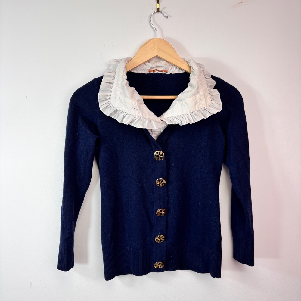 Tory Burch Navy Cardigan Gold Logo Buttons White Ruffle Collar Preppy Y2K Size S